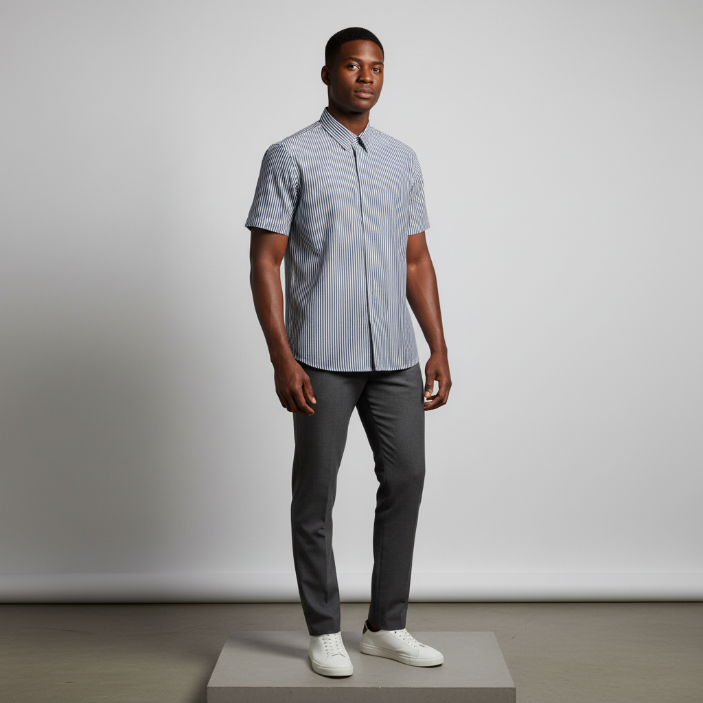 Nigerian male model wearing navy blue pinstripe short-sleeved shirt