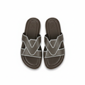 Men's cross-strap slide slippers in dark brown/khaki with grey trim - ghost mannequin pair shot