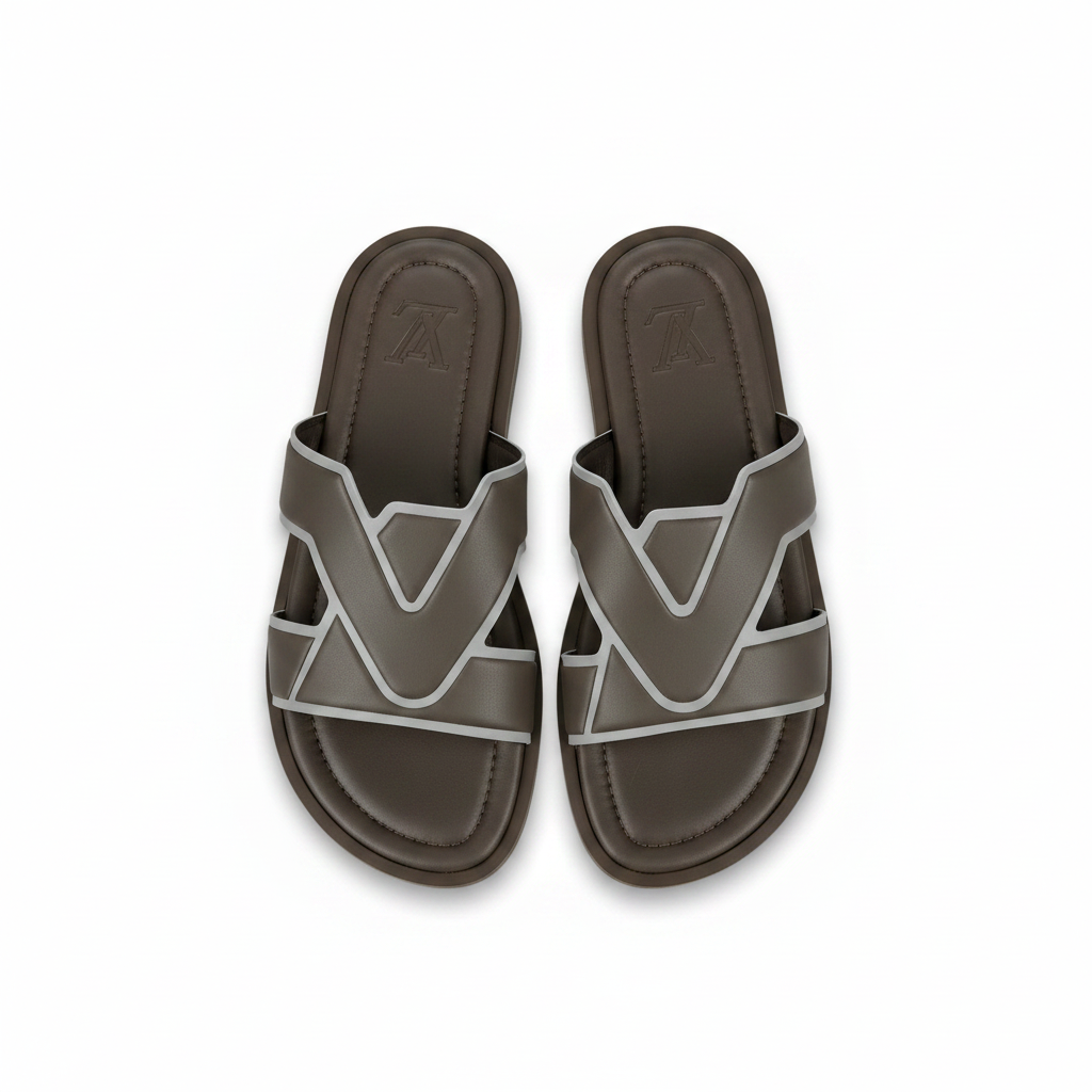 Men's cross-strap slide slippers in dark brown/khaki with grey trim - ghost mannequin pair shot