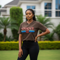 Model Front – Dark Brown Graphic Crapo Top