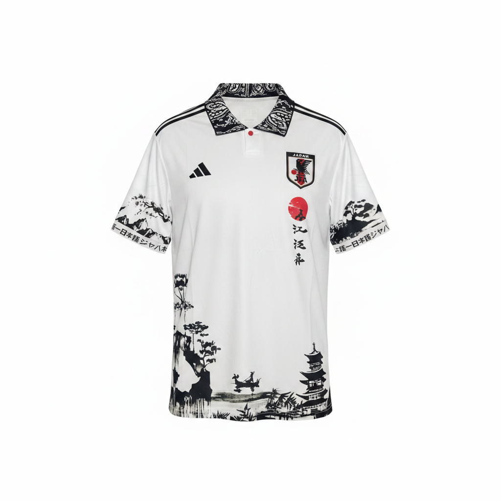 White ink-wash landscape polo collar football jersey ghost mannequin front view