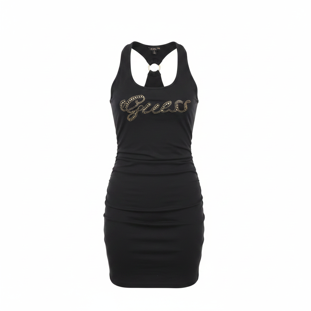 Ghost mannequin front view of Black Rhinestone Halter Bodycon Mini Dress