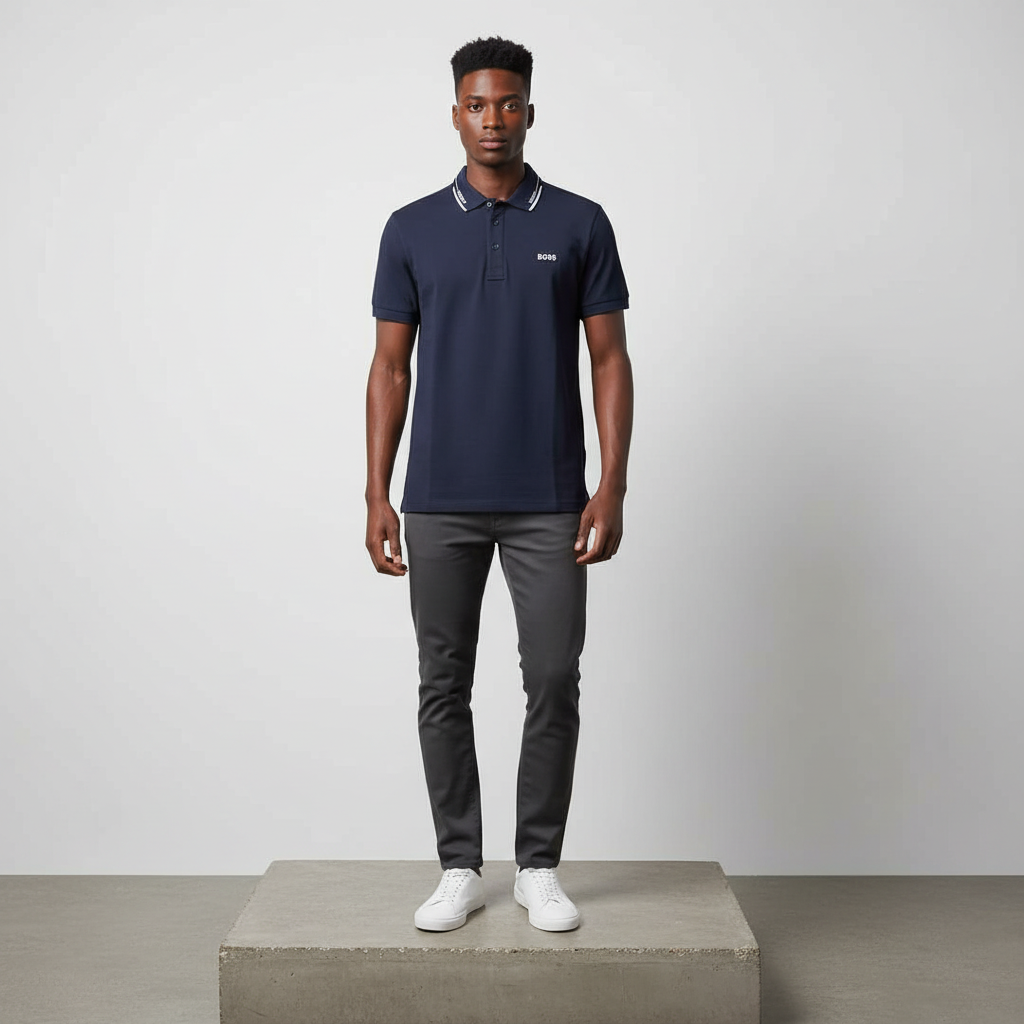 Nigerian male model wearing navy blue polo shirt
