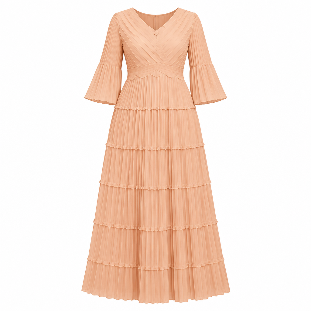 Peach tiered pleated occasion dress on white background