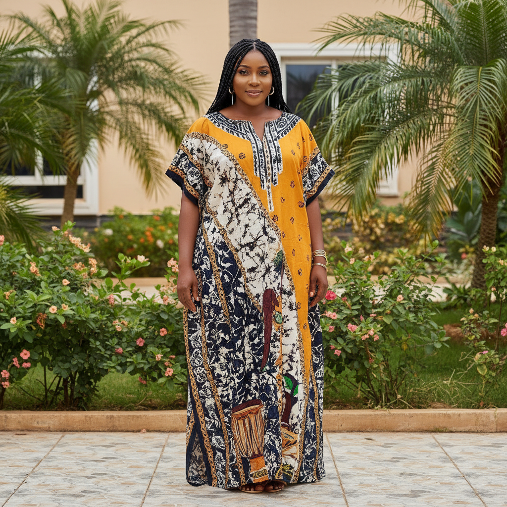 Nigerian female model wearing mustard and print panel bubu kaftan dress in garden setting