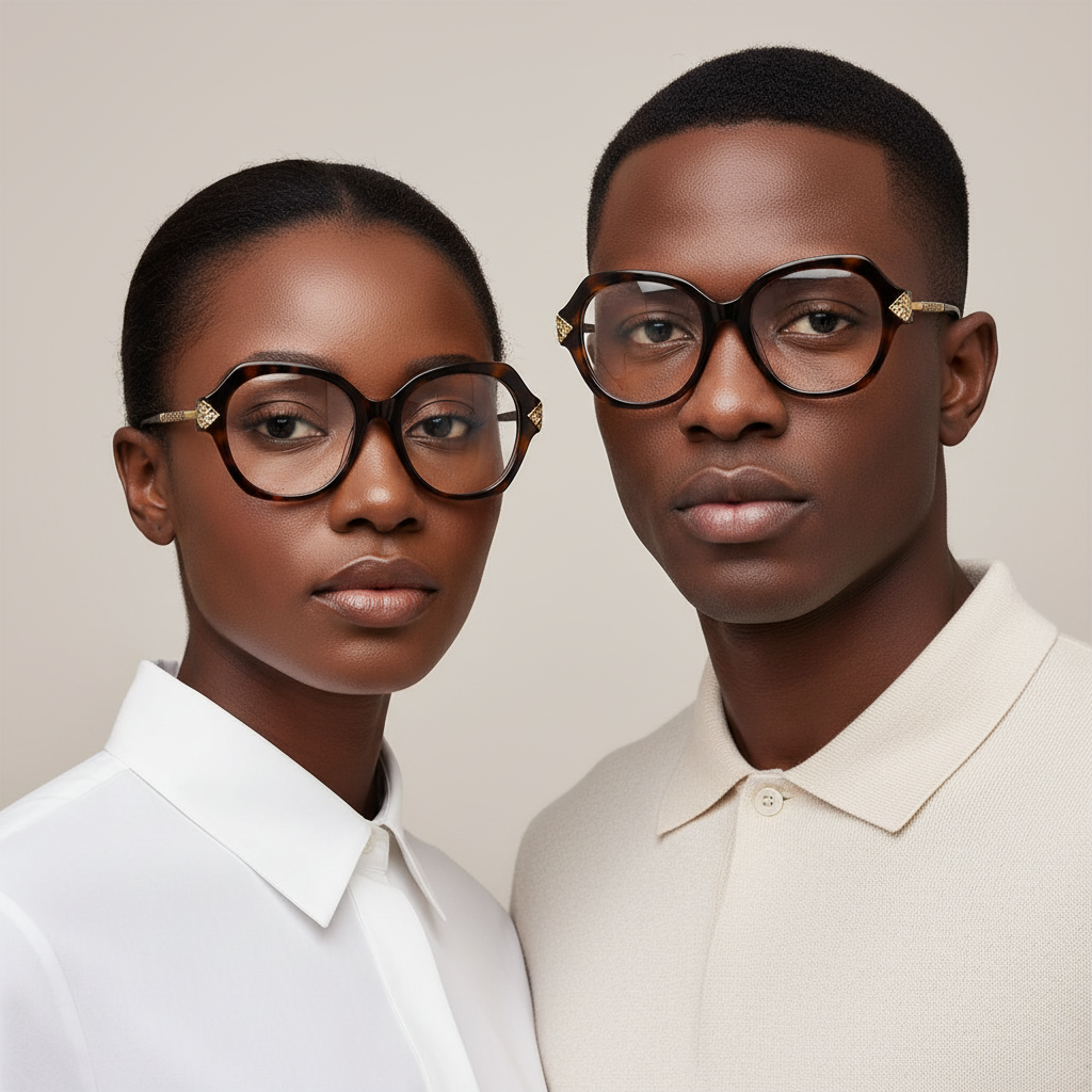 Nigerian female and male models wearing oversized round brown tortoise optical eyeglasses with gold detail