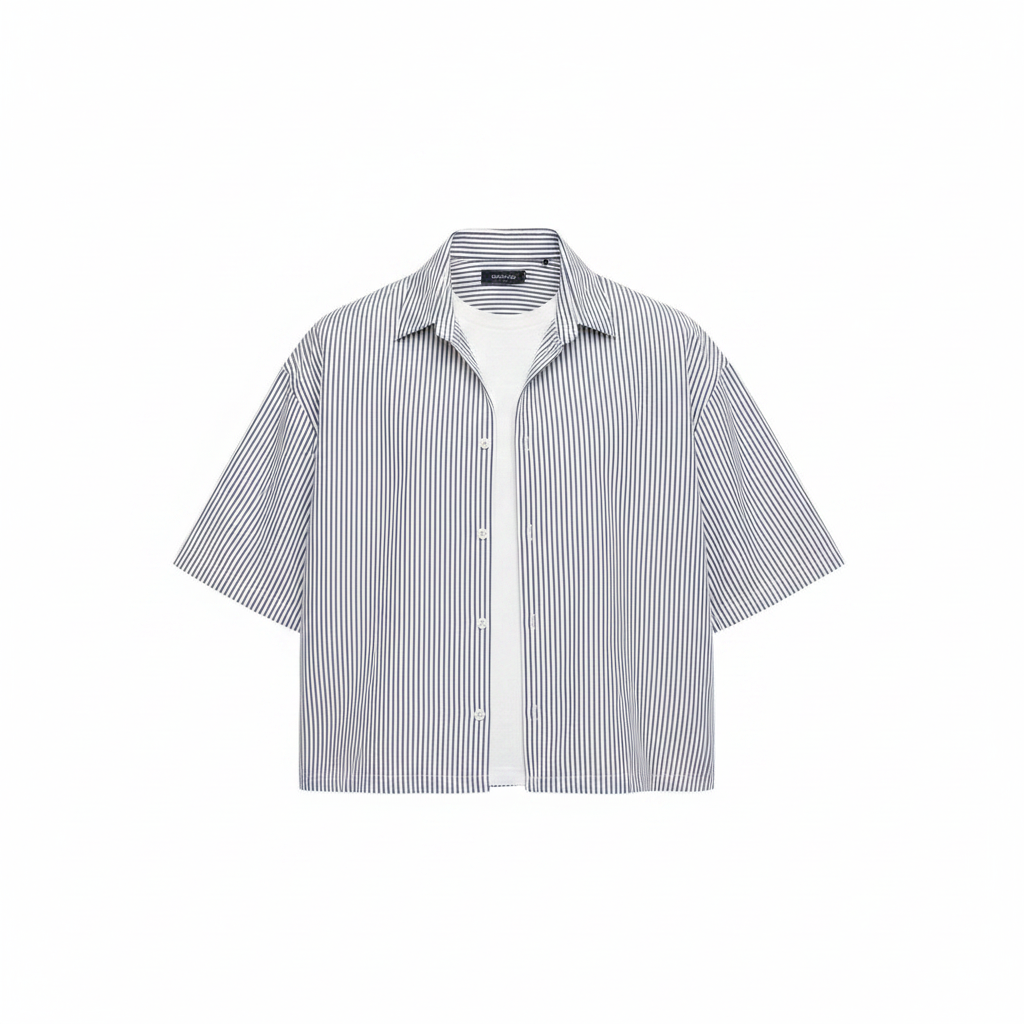 Men's white and navy fine pinstripe boxy short-sleeve shirt with open collar, ghost mannequin front view