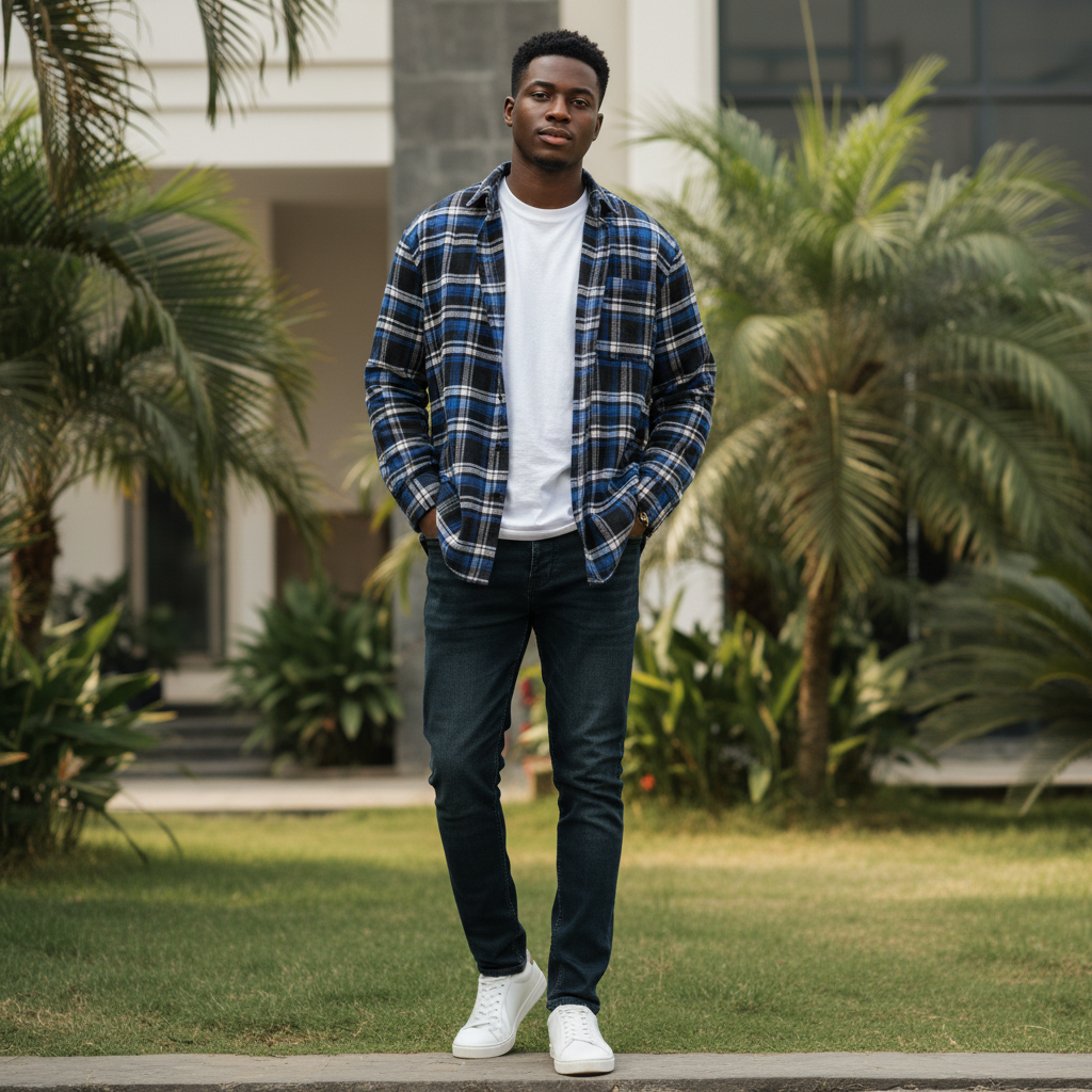 Young Nigerian male wearing navy blue tartan plaid flannel long sleeve shirt
