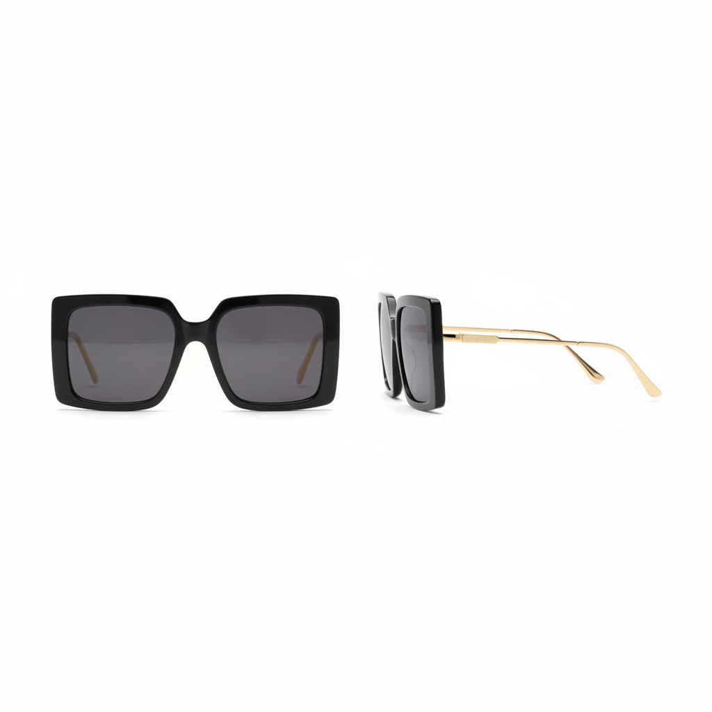 Ghost mannequin view — Oversized Square Sunglasses Black Gold Temple, front and side view