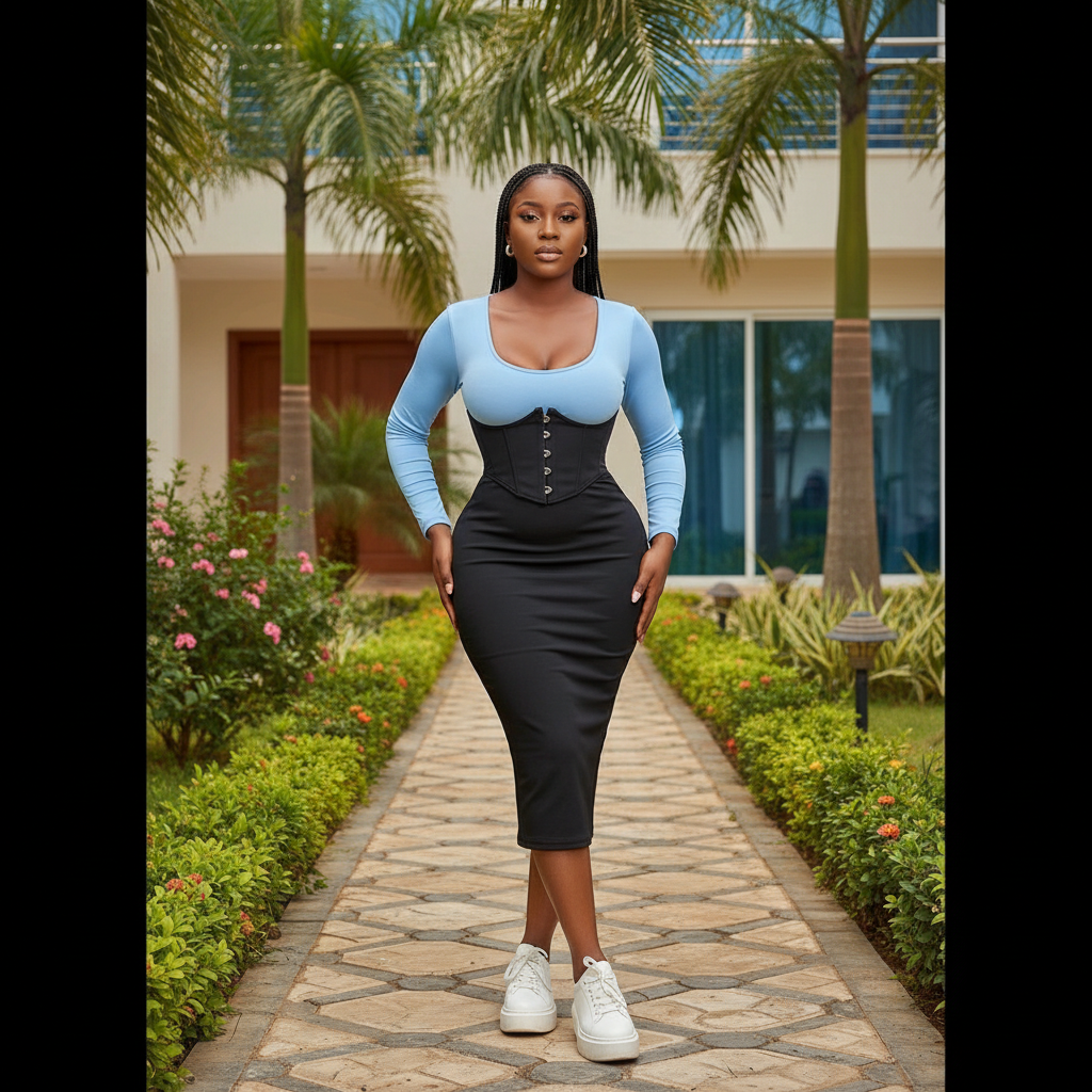 Nigerian female model wearing sky blue and black corset bodycon midi dress