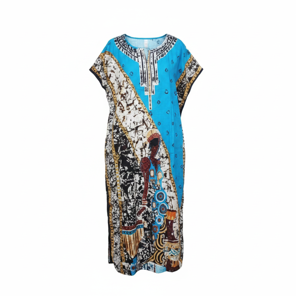 Ghost mannequin view of women's turquoise panel novelty print bubu kaftan