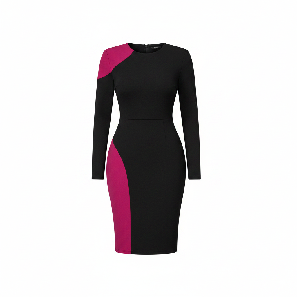 Women's Black & Fuchsia Colour-Block Long-Sleeve Midi Dress – Ghost Mannequin Front View