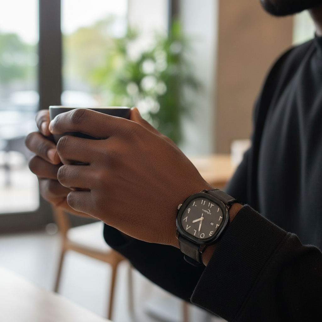 Charcoal-grey dial watch with black case and dark grey leather strap worn on a Black man’s wrist