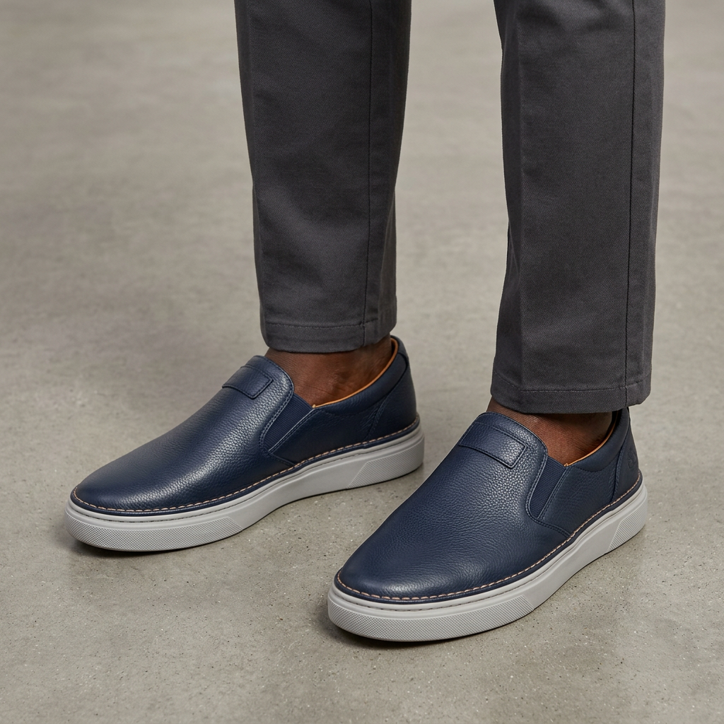 Model wearing navy pebbled slip-on shoes with charcoal chinos
