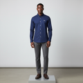 Nigerian male model wearing navy blue plain long-sleeved shirt, front view