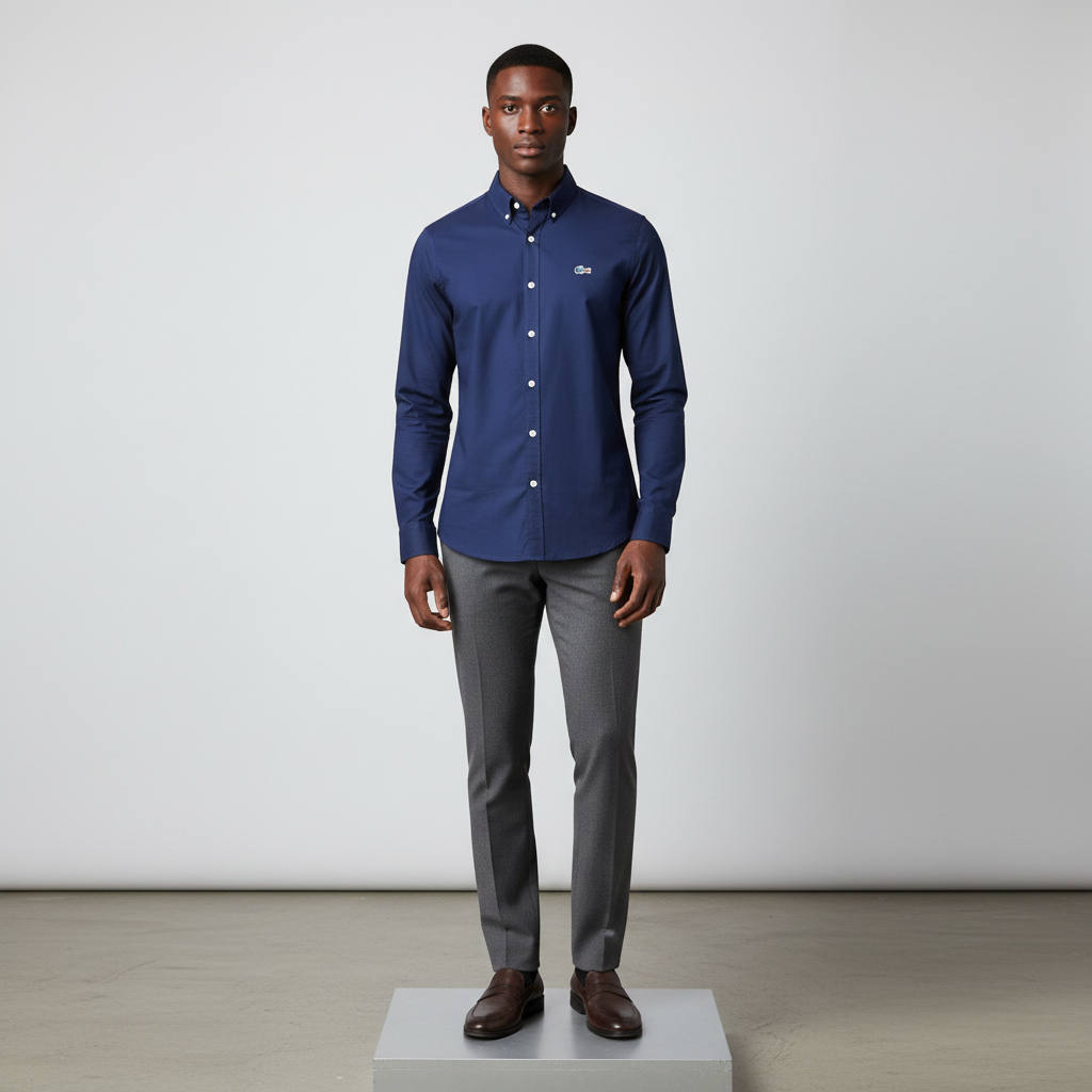 Nigerian male model wearing navy blue plain long-sleeved shirt, front view