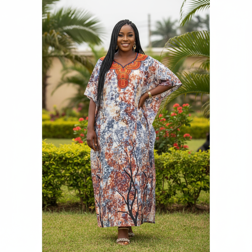 Nigerian female model wearing women's floral bubu kaftan dress in garden setting