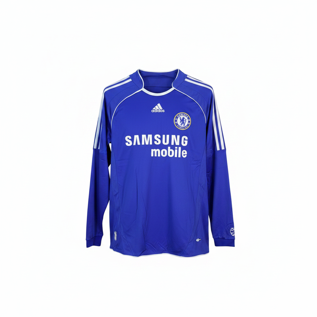 Royal blue long-sleeve retro football jersey with white shoulder stripes — ghost mannequin front view