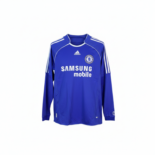 Royal blue long-sleeve retro football jersey with white shoulder stripes — ghost mannequin front view