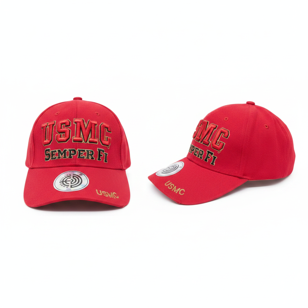 Bright red structured baseball cap with bold black shadow block letter embroidery ghost mannequin front and side view