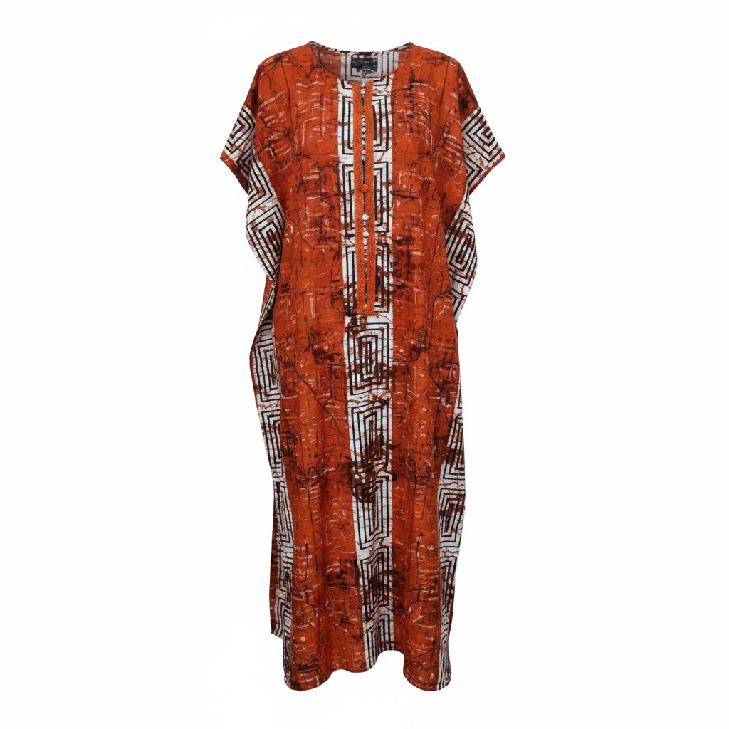 Ghost mannequin view of women's rust geometric print bubu kaftan dress