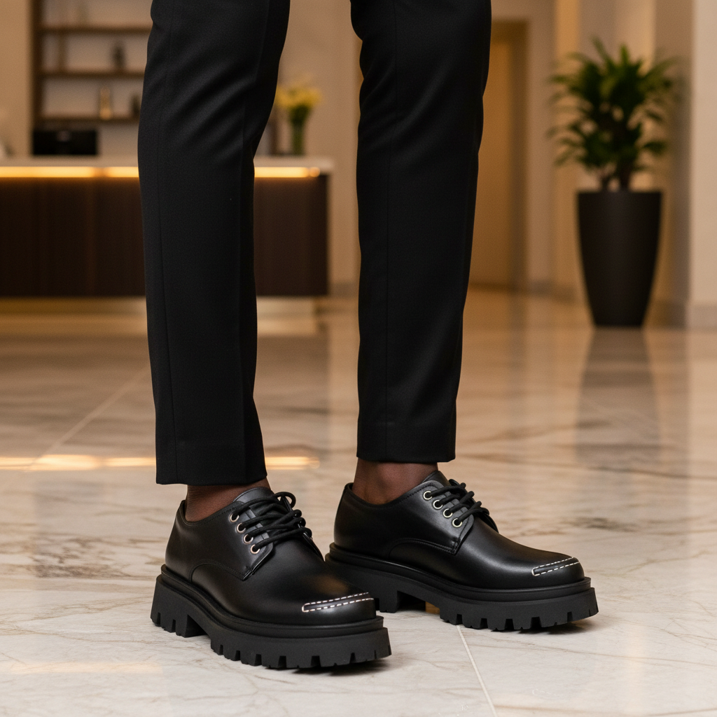 Nigerian male model wearing black leather contrast stitch chunky lug sole Derby shoes, tight zoomed-in luxury streetwear leg focus lifestyle shot