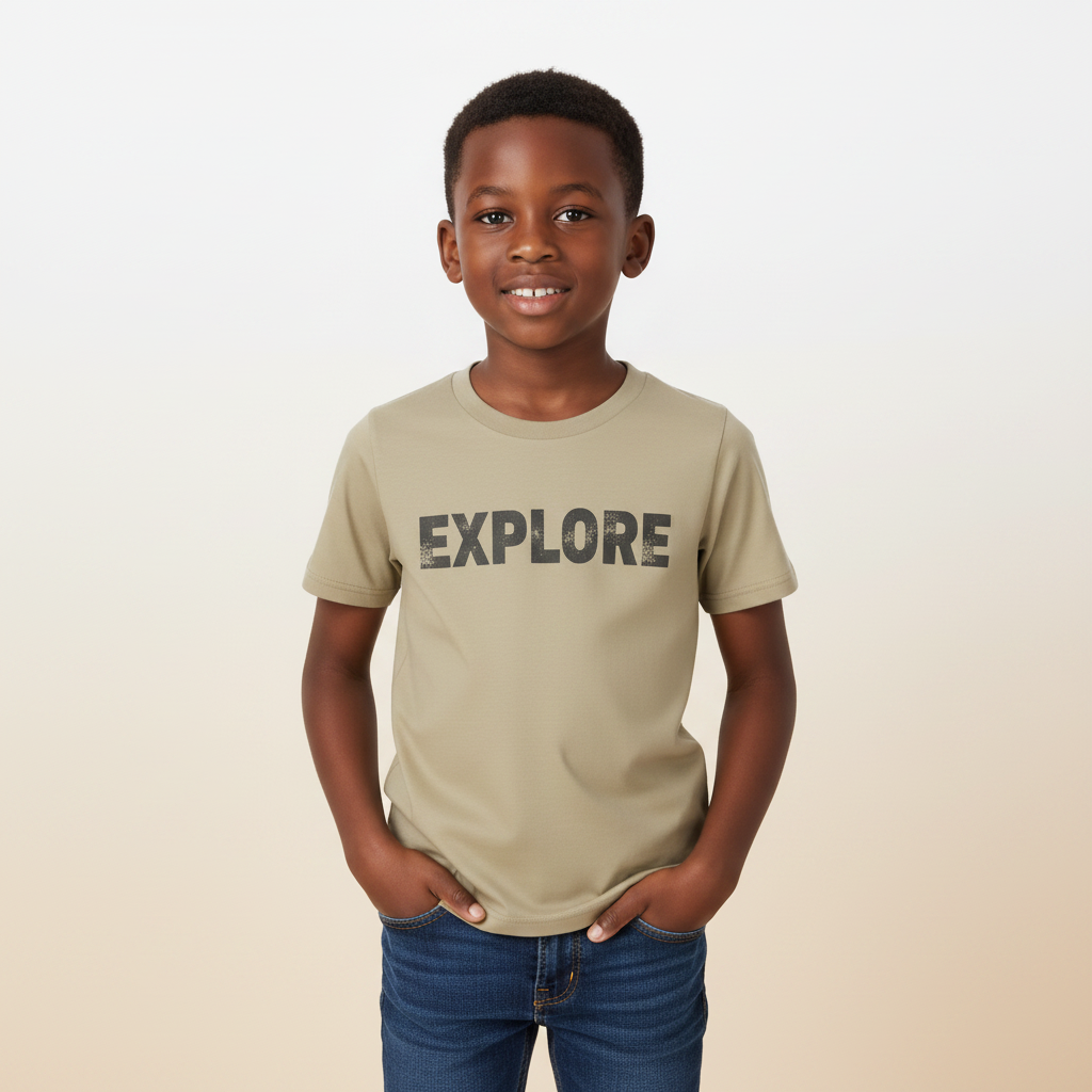 Nigerian boy model wearing Boys Explore Graphic Tee