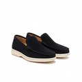 Navy blue suede moccasin slip-on loafer ghost mannequin product shot, plain white background