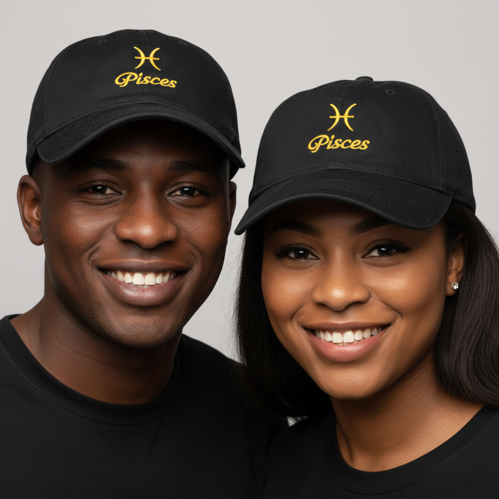 Nigerian male and female models wearing charcoal Pisces zodiac embroidered dad cap with gold embroidery