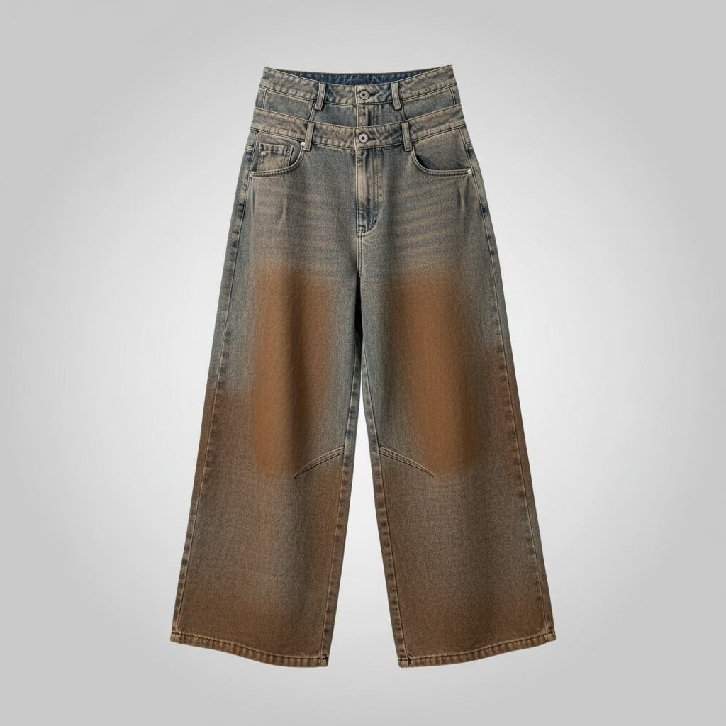 Ghost mannequin two-tone rust wash baggy wide-leg jeans