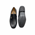 Men's black python-embossed loafer pair ghost mannequin front and sole view