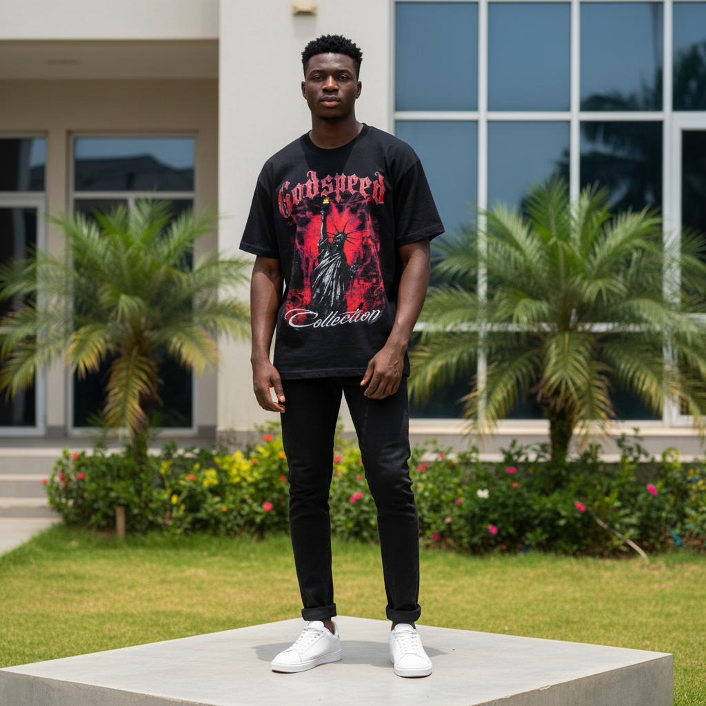 Nigerian male model wearing men's black graphic short-sleeve tee full body streetwear editorial shot