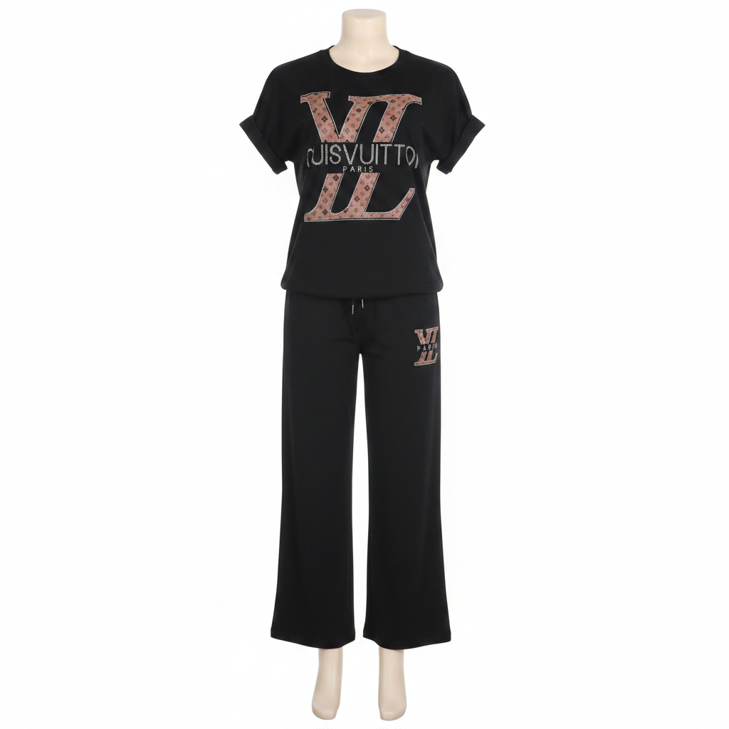 Ghost mannequin front view of Black Monogram Print Co-ord Tracksuit Set
