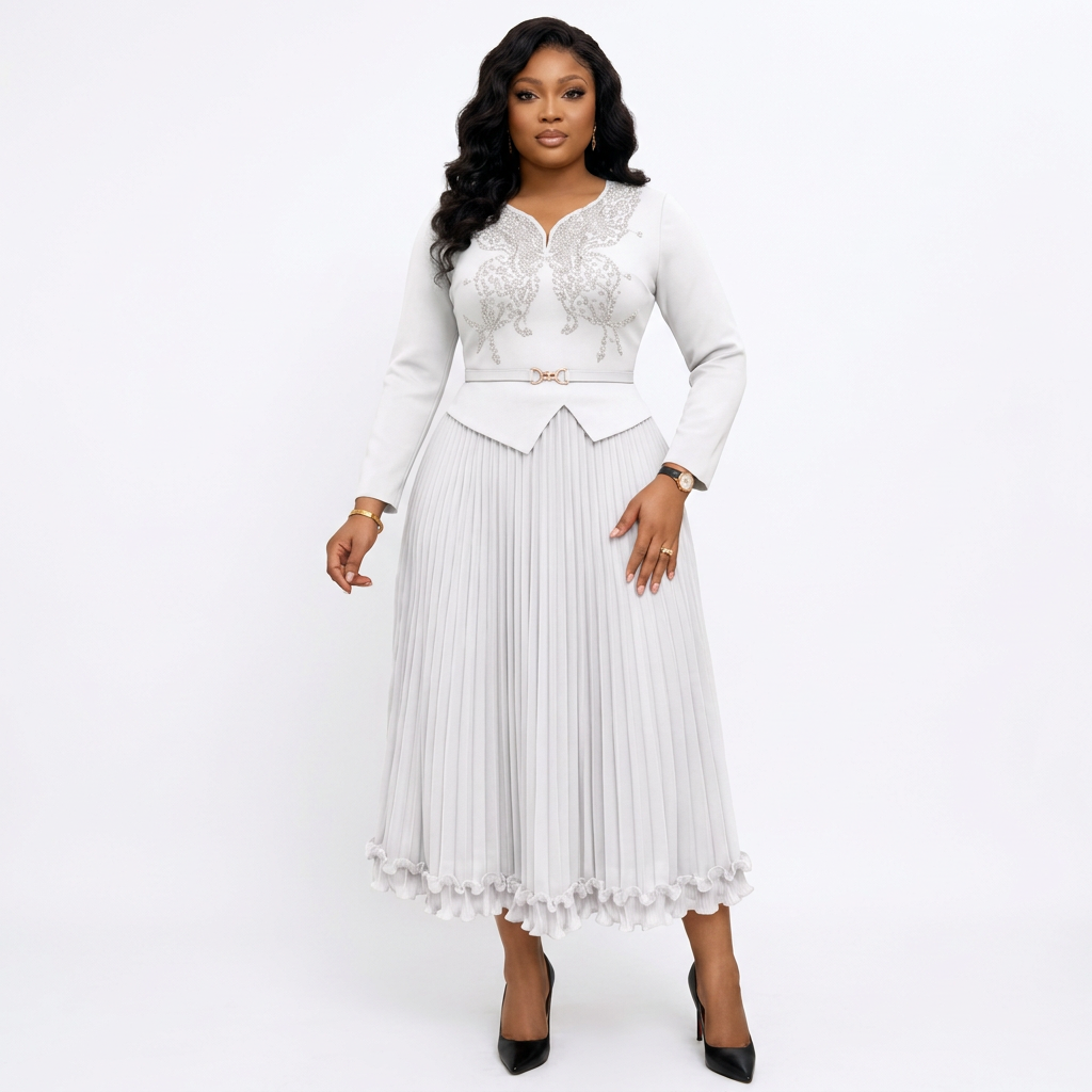 Black adult model wearing a white silver-detail pleated midi gown