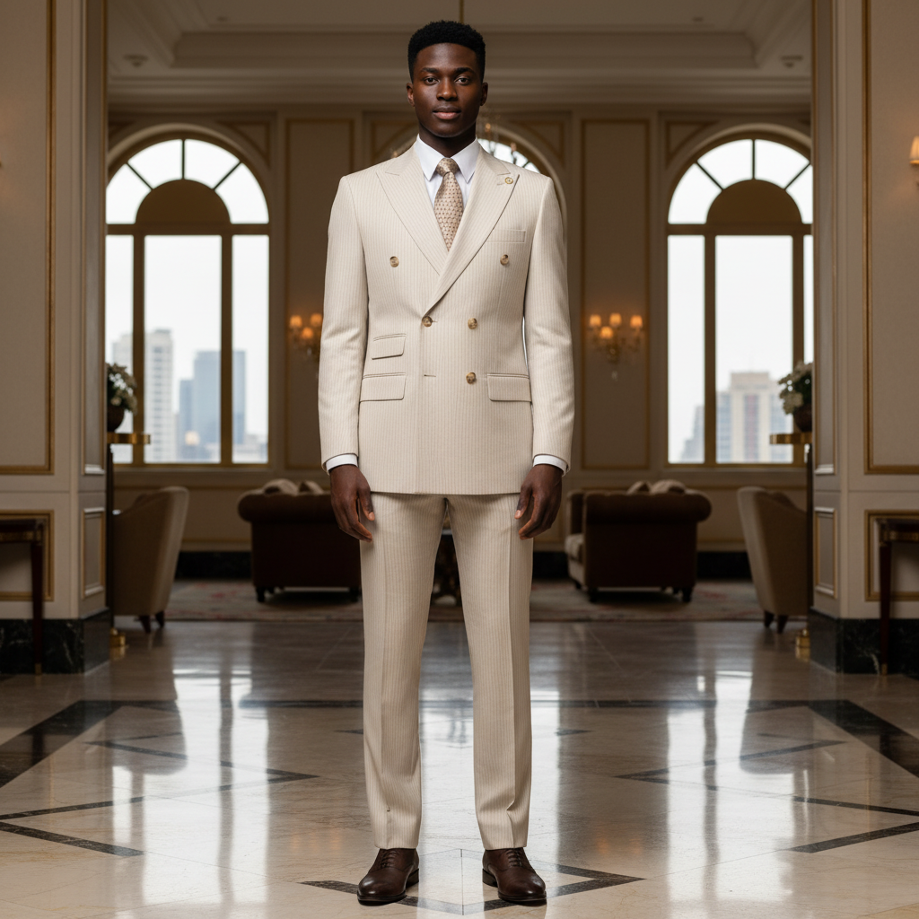 Young Nigerian male model wearing cream pinstripe double-breasted suit full body square
