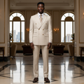 Young Nigerian male model wearing cream pinstripe double-breasted suit full body square