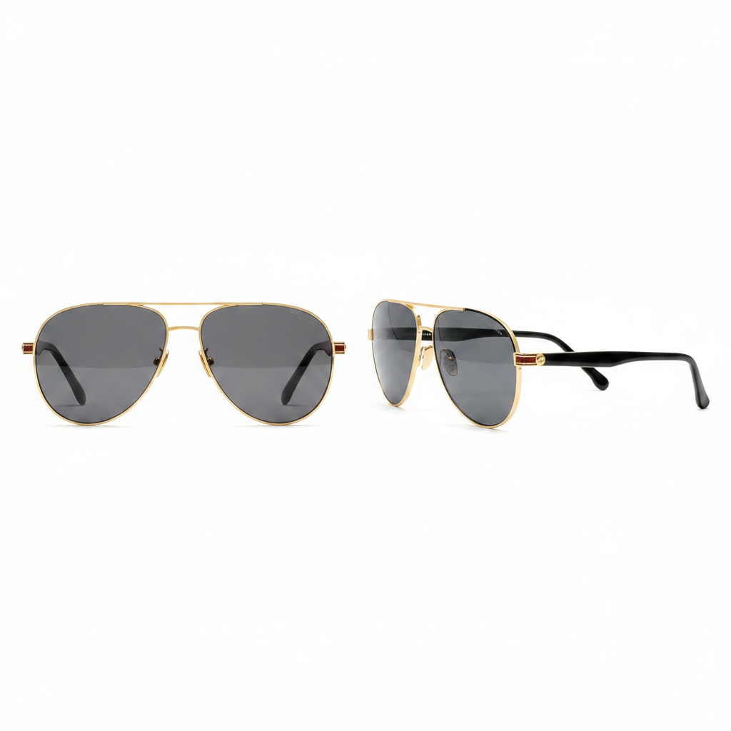 Unisex aviator sunglasses gold double-bridge dark grey smoke lens black temple gold screw – front and side view