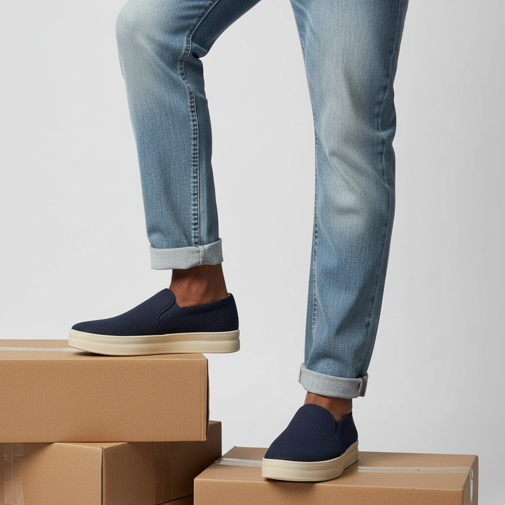 Nigerian male model wearing men's slip-on sneakers, both feet visible