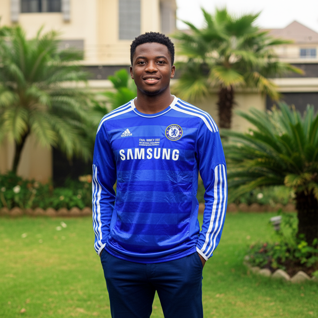 Royal blue long-sleeve retro football jersey Champions League Final edition — Nigerian male model front view