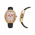 Women's gold diamond bezel red numeral open heart dial tonneau watch — ghost mannequin front and side view, black leather strap