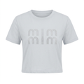 Light-grey short-sleeve T-shirt with silver-tone rhinestone chest motif on an invisible mannequin