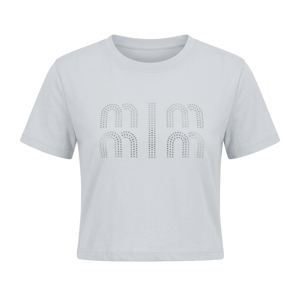 Light-grey short-sleeve T-shirt with silver-tone rhinestone chest motif on an invisible mannequin