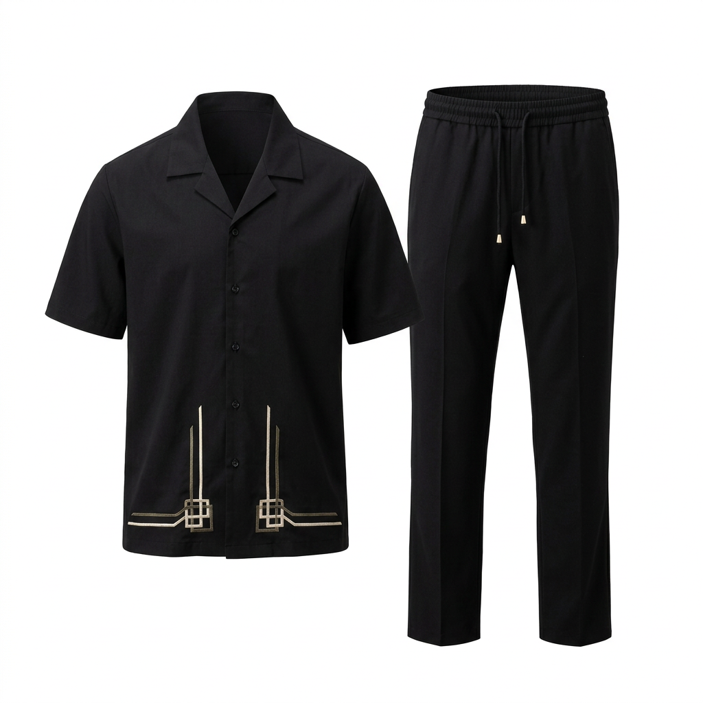 Black geometric-hem shirt and matching trousers on white background