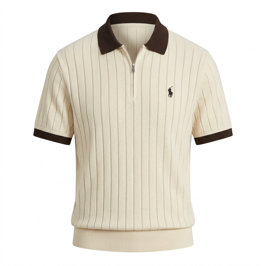 Cream textured zip-neck polo with dark-brown collar and sleeve trim on an invisible mannequin