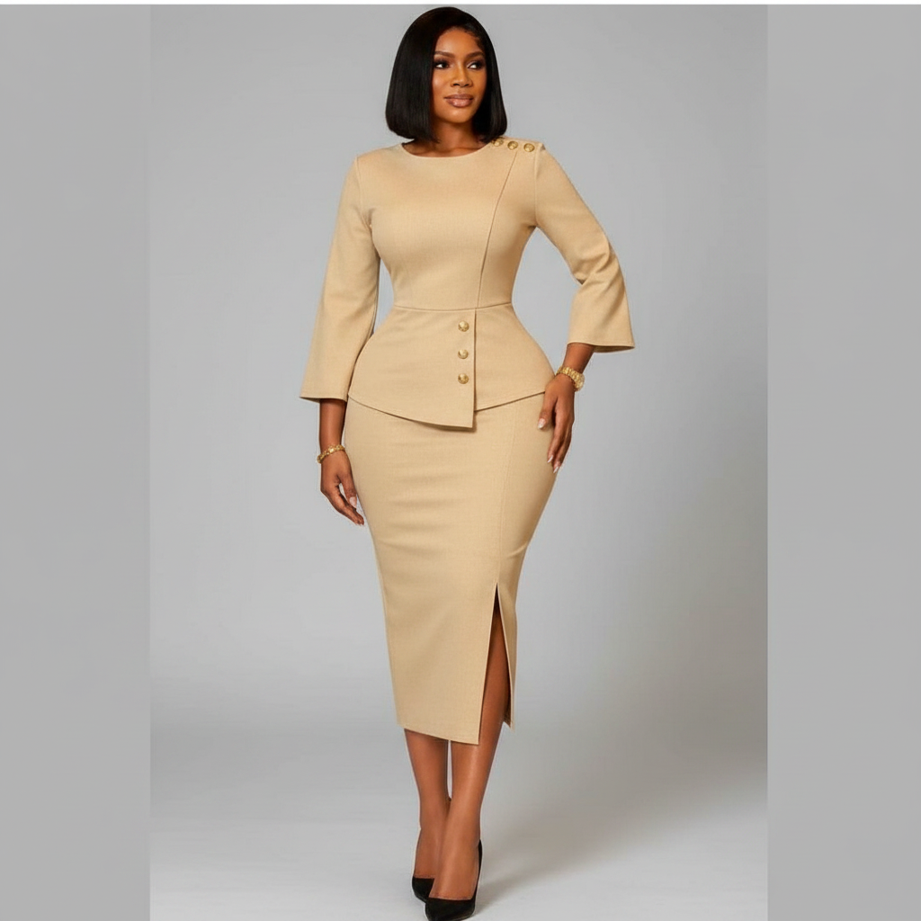 Black Nigerian model wearing the cream peplum skirt suit with gold buttons