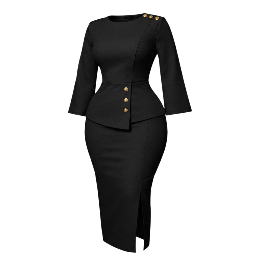 Peplum Skirt Suit with Gold Buttons