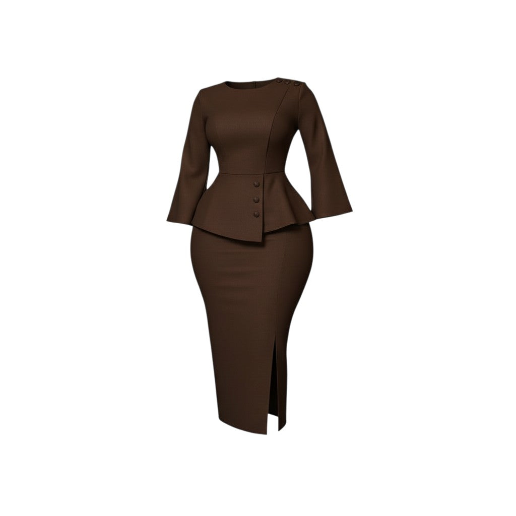 Peplum Skirt Suit with Gold Buttons