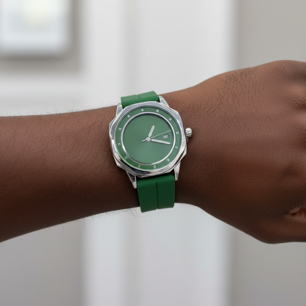 Green dial silver-tone wristwatch worn on a Black man's wrist