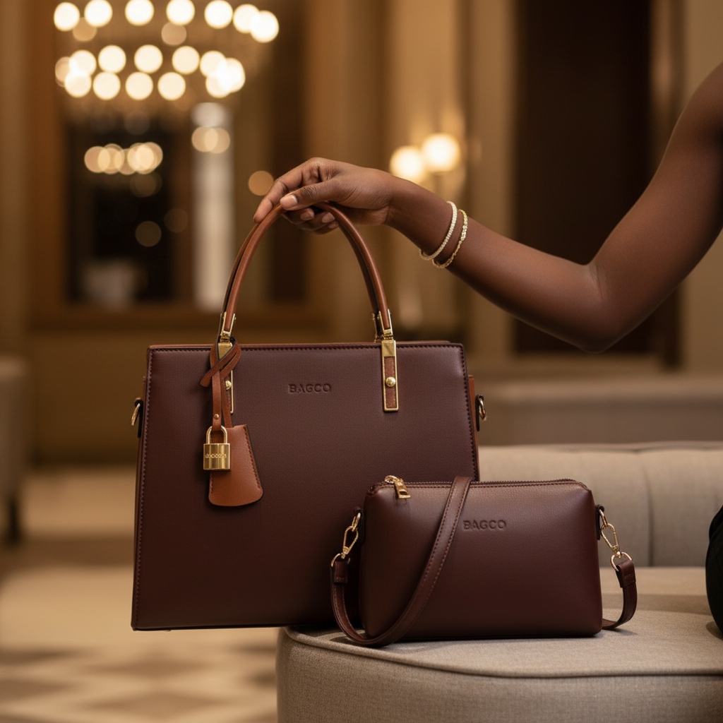 Black Nigerian woman holding chocolate brown structured leather handbag with matching mini crossbody bag