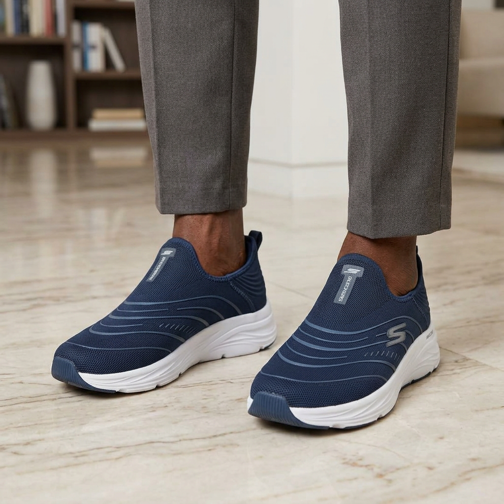 Both navy mesh slip-on sneakers worn by a Black male model on marble